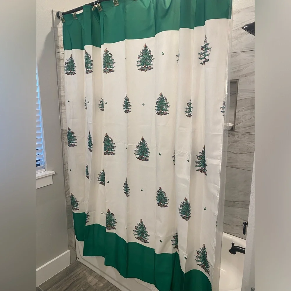 Spode Christmas Tree Print Shower Curtain with Tree Hangers 🎄